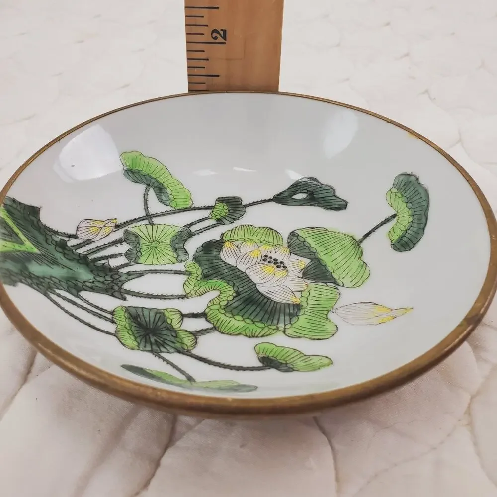 Vintage ACF Japanese Porcelain Ware Bowl Metal Encased 5 3/4” Floral Green MCM